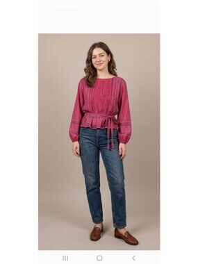Vintage 1970s Boho Pink Tie Waist Shirt Peasant Sleeves